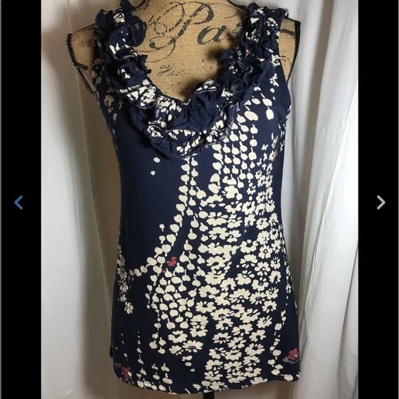 Express Navy Blue Cream Floral Ruffle Front Blouse - Picture 1 of 6